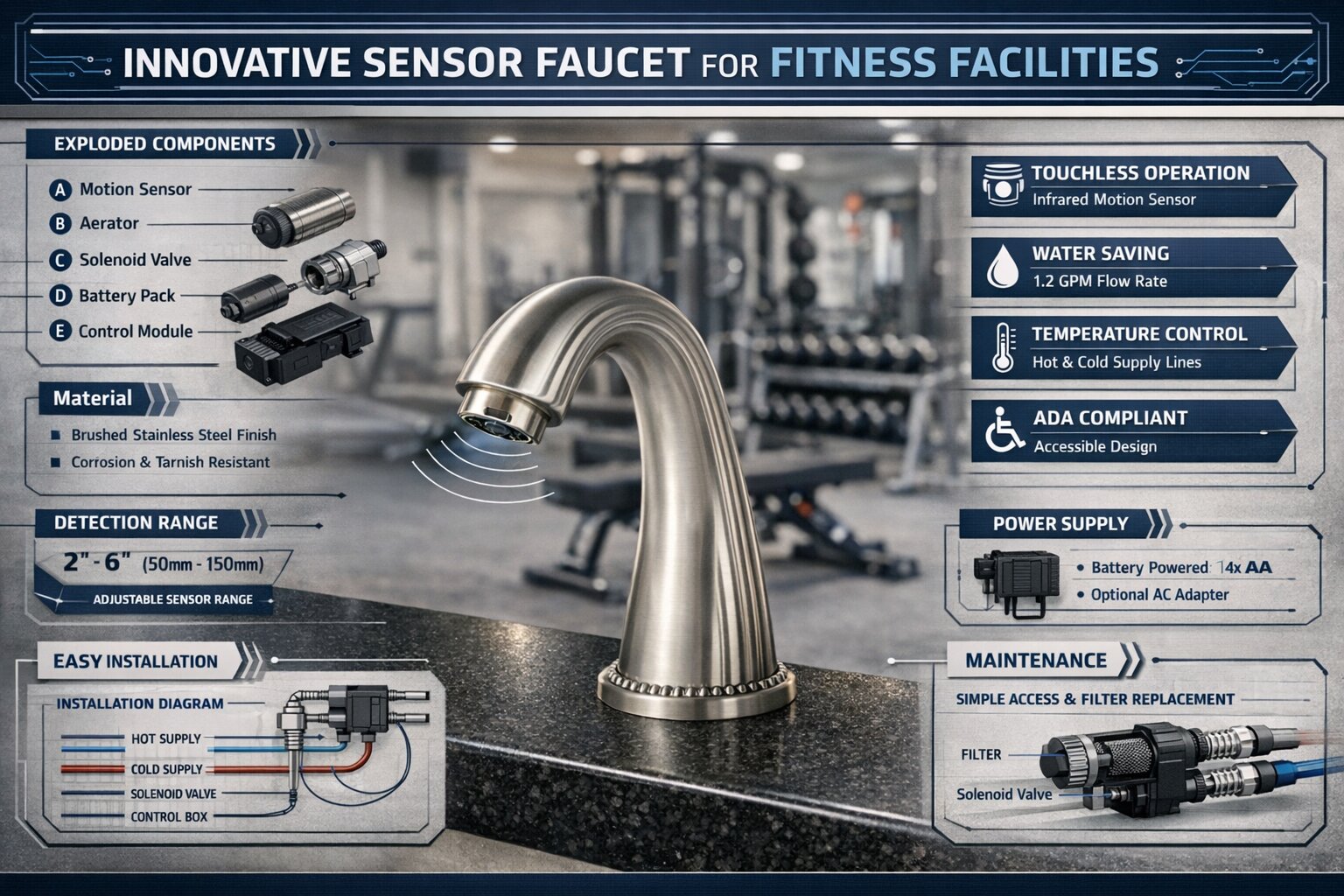 University bathroom with a multifeed soap system and black matte faucets